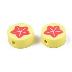 Yellow Handmade Polymer Clay Beads, Flat Round with Starfish Pattern, Yellow, 9.5~10x4.5mm, Hole: 1.8mm