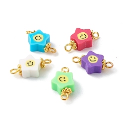 Mixed Color Handmade Polymer Clay Star Smiling Face Link, with Golden Iron Eye Pin and Alloy Daisy Spacer Beads, Mixed Color, 17.5x9x4.5mm, Hole: 1.8mm