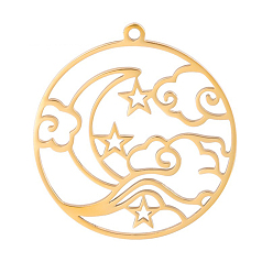 Золотой 304 подвески из нержавеющей стали, лазерная резка, плоский круглый шарм со звездой, луной и облаком, золотые, 30x28 мм