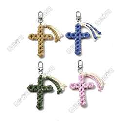 Couleur Mélangete 4 Décorations pendentif croix en coton (pièces), fermoirs alliage pivotantes, couleur mixte, 118mm