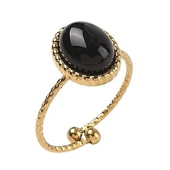 Black Onyx 304 Открытые кольца-манжеты из нержавеющей стали и натурального черного оникса для женщин, овальные, ионное покрытие (ip), широкая полоса кольца, золотые, 19 мм