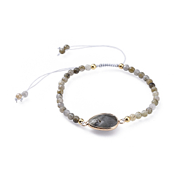 Labradorite Adjustable Natural Labradorite Braided Bead Bracelets, with Brass Findings, Faceted, 2-1/8 inch(5.4cm)