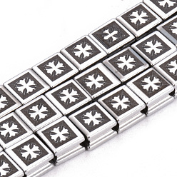 Platinum Plated Electroplate Non-magnetic Synthetic Hematite Beads Strands, Square with Cross, Platinum Plated, 8x8x5mm, Hole: 2mm, about 50pcs/strand, 15.7 inch