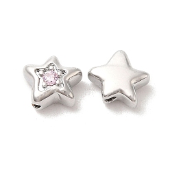 Pink Brass Cubic Zirconia Beads, Star, Platinum, Pink, 7x8x4mm, Hole: 1mm
