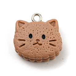 Tan Cookies Theme Imitation Food Resin Pendants, Cat Charms with Platinum Plated Iron Loops, Tan, 18x16x8mm, Hole: 2mm