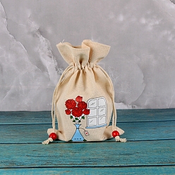 Flower Printed Rectangle Cotton Storage Bags, Drawstring Pouches Packaging Bag, Flower, 23x15cm