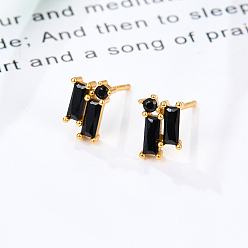 Black Cubic Zirconia Rectangle Stud Earrings, Golden 925 Sterling Silver Post Earrings, with 925 Stamp, Black, 8.5x5.8mm