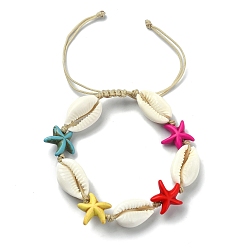 Colorful Natural Shell & Starfish Synthetic Turquoise Braided Bead Bracelet, Nylon Thread Adjustable Bracelet, Colorful, Inner Diameter: 1-7/8~3-1/8 inch(4.9~7.8cm)
