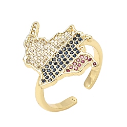 Real 18K Gold Plated Brass Micro Pave Cubic Zirconia Cuff Open Rings, Map, Rack Plating, Long-Lasting Plated, Cadmium Free & Lead Free, Real 18K Gold Plated, 17mm