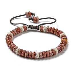 Rouge Indien Bracelet de perles tressées réglable en pierre de lave naturelle teint en disque, avec les accessoires en pvc, rouge indien, diamètre intérieur: 2-1/8~3-3/8 pouce (5.3~8.5 cm)