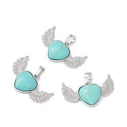 Synthetic Turquoise Synthetic Turquoise Pendants, Heart Charms with Wing, with Platinum Tone Brass Findings, 22x37.5x7mm, Hole: 7.5x5mm