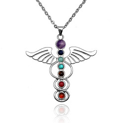 Platinum Chakra Natural & Synthetic Gemstone Necklaces, Alloy Angle Pendant Necklaces for Women, Platinum, 19.69 inch(50cm)