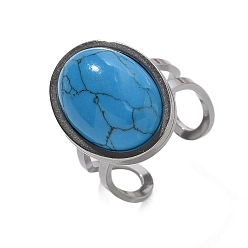 Синтетическая Бирюза Овальные кольца из синтетической бирюзы, 304 открытые манжеты из нержавеющей стали для женщин, овальный : 21.5x16.5 mm, внутренний диаметр: регулируемый