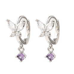 Фиолетовый Серьги-кольца из платины и бабочки из латуни, с четким кубического циркония, долговечный, без свинца и без кадмия, фиолетовые, 18x7.5 мм