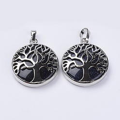 Blue Goldstone Synthetic Blue Goldstone Pendants, with Platinum Plated Brass Findings, Flat Round with Tree of Life, 31x27x8mm, Hole: 3.5x7mm