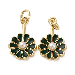 Зеленый Латунь эмаль подвески, цветок, с ABS имитации жемчуга, стойки покрытие, долговечный, с целью перехода в кольце, без кадмия и без свинца, с целью перехода в кольце, зелёные, 17x10.5x4 мм, отверстие : 3 мм