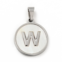Letter W 304 Stainless Steel with White Shell Pendants, Stainless Steel Color, Flat Round with Letter Charm, Letter.W, 18x16x1.5mm, Hole: 3x6mm