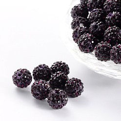 Фиолетовый Pave disco бусины, Бусины со стразами, полимерная глина , класс А, круглые, аметист, горный хрусталь: стр 13 (1.9~2 мм), 6 ряды страз, 10 мм, отверстие : 1.5 мм