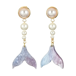 Colorful Shell Pearl & Cellulose Acetate(Resin) Dangle Stud Earrings, Mermaid Tail Shape Drop Earrings, Colorful, 49.5x19mm