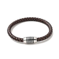 Coconut Brown Leather Braided Cord Bracelet with 304 Stainless Steel Magnetic Column Clasps for Men Women, Coconut Brown, 8-5/8 inch(22cm)