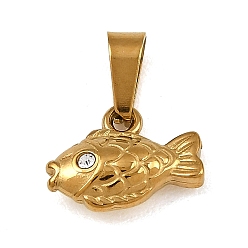 Fish 304 из нержавеющей стали горный хрусталь подвески, с 201 защелкой из нержавеющей стали на поручнях, ионное покрытие (ip), золотые, рыбы прелести, 9x12x4 мм, отверстие : 2.5x6 мм