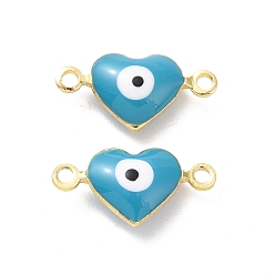 Steel Blue Brass Enamel Connector Charms, Real 18K Gold Plated, Heart with Evil Eye Pattern, Steel Blue, 7x14x3.5mm, Hole: 1.2mm