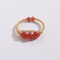 JZ0148 - Red Agate Four-Season Bean Ring with Frosted Surface Red Agate and Feldspar Ring with 14K Gold Wire Weave - Minimalist Luxury Jewelry