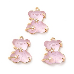Pearl Pink Transparent Resin Crystal Rhinestone Pendants, Bear Charms, with Rack Plating Real 14K Gold Plated Brass Findings, Cadmium Free & Lead Free, Pearl Pink, 23x20.5x10mm, Hole: 1.8mm