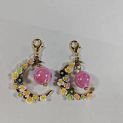 Античное Золото 2шт. подвесные украшения из сплава, смолы и акрила, луна с цветком, Сплав с застежками когтя омара, античное золото , 59 мм