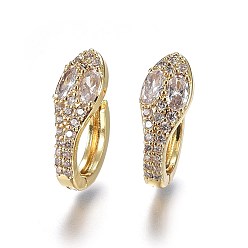 Golden Brass Hoop Earrings, with Micro Pave Cubic Zirconia, Snake, Clear, Golden, 18.5x7.2x15mm, Pin: 1mm