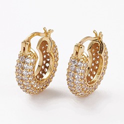 Golden Brass Micro Pave Clear Cubic Zirconia Hoop Earrings, Long-Lasting Plated, Crescent Moon, Golden, 20x18x5.5mm, Pin: 1mm