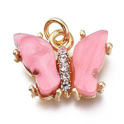 Pearl Pink Brass Micro Pave Clear Cubic Zirconia Pendants, with Resin and Jump Rings, Long-Lasting Plated, Butterfly Shape, Flower Pattern on Back, Golden, Pearl Pink, 13x17x3.5mm, Hole: 3mm