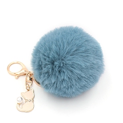 Sky Blue Imitation Rabbit Fur Pom-Pom & Cat Keychain, Bag Pendant Decoration, Sky Blue, 8cm