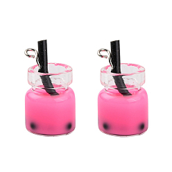 Hot Pink Glass Bottle Pendants, with Resin Inside and Iron Findings, Imitation Bubble Tea/Boba Milk Tea, Hot Pink, 20~25x11~14x11mm, Hole: 1.8mm