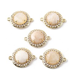 Лунный Камень Подвески с граненым соединителем из натурального лунного камня, латунные микро-паве прозрачные кубические цирконии плоские круглые драгоценные камни звенья, золотые, стойки покрытие, 21x16x7 мм, отверстие : 1.6 мм