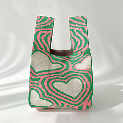 Medium Sea Green Polyester Heart Print Knitted Tote Bags, Cartoon Crochet Handbags for Women, Medium Sea Green, 36x20cm