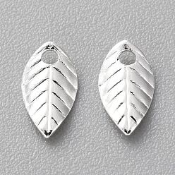 925 Sterling Silver Plated Brass Charms, Long-Lasting Plated, Leaf, 925 Sterling Silver Plated, 7x4x1mm, Hole: 1mm