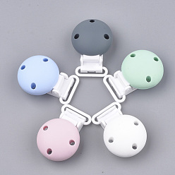 Mixed Color Food Grade Eco-Friendly Silicone Baby Pacifier Holder Clips, with PP Plastic, Half Round, Stainless Steel Color, Mixed Color, 49x34x20mm, Hole: 1.5x22mm and 4mm