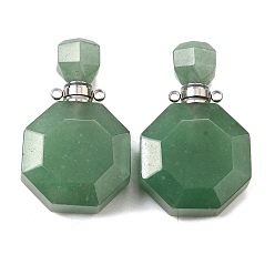 Зеленый Авантюрин Подвески для флаконов с натуральным зеленым авантюрином, с 304 фурнитурой из нержавеющей стали, граненые, восьмиугольные прелести, цвет нержавеющей стали, 39~40x24~25x11~12 мм, отверстие : 1.8 мм