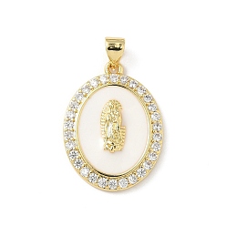 Настоящее золото 18K Латунные микро проложить кубического циркония подвески, овальные с рисунками " virgin mary", с эмалью, без свинца и без кадмия, долговечный, стойки покрытие, реальный 18 k позолоченный, 25x18x4 мм, отверстие : 4.5 мм