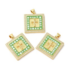 Зеленый лайм Квадратные подвески из латуни с микропаве и цирконием, с эмалью и ракушкой, долговечный, без свинца и без кадмия, реальный 18 k позолоченный, зеленый лайм, 24x21.5x4 мм, отверстие : 5x3 мм