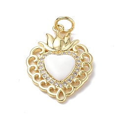 White Eco-Friendly Rack Plating Brass Micro Pave Cubic Zirconia Pendants, with Enamel & Jump Ring, Long-Lasting Plated, Lead Free & Cadmium Free, Sacred Heart Charm, Real 18K Gold Plated, White, 23x16.5x4mm, Hole: 3.4mm