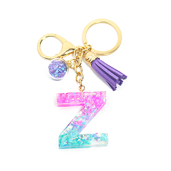 Letter Z Resin Keychains, Tassel Keychain, Glass Ball Keychain, with Light Gold Tone Plated Iron Findings, Alphabet, Letter.Z, 11.2x1.2~5.7cm