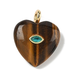 Тигровый глаз Природных тигровый глаз подвески, подвески в форме сердца с латунной микрофиброй и фианитами, реальный 18 k позолоченный, долговечный, стойки покрытие, 31x25x10 мм, отверстие : 4 мм