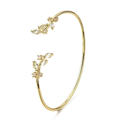 Синий Браслеты на открытой манжете из латуни с микропаве и кубическим цирконием, браслеты с подвесками в виде листьев для женщин, золотые, синие, 2-1/2 дюйм (6.5 см)