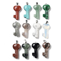 Mixed Stone Natural & Synthetic Mixed Gemstone Pendants, Key Charms with Platinum Plated Iron Snap on Bails, 42~44x21~22x9~10mm, Hole: 8x4.5mm