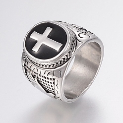 Antique Silver 304 Stainless Steel Finger Rings, with Enamel, Wide Band Rings, Cross, Antique Silver, Size 10, 20mm