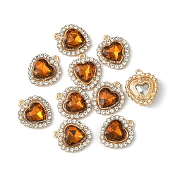 Topaz Alloy Rhinestone Charms, Heart, Light Gold, Topaz, 18x16x5mm, Hole: 1.4mm