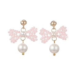 Pink Glass Seed Bead and Shell Pearl Bead Dangle Earrings, Bowknot, Brass Stud Earrings for Women, Pink, 27~28x22~23mm