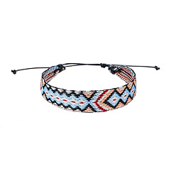 Rhombus Cotton Flat Cord Bracelet with Wax Ropes, Braided Ethnic Tribal Adjustable Bracelet for Women, Rhombus, 7-1/4 inch(18.5cm)